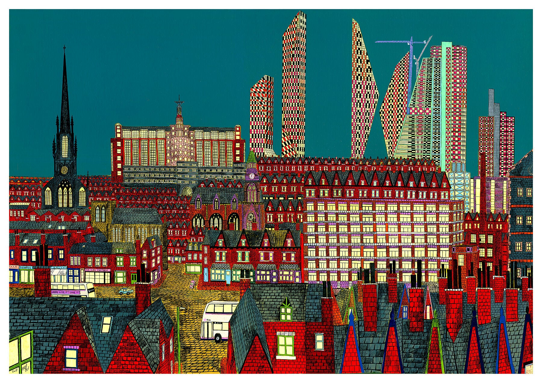 A Harehills eye view across the future Leeds envisaged in 2007.  Looming above Quarry Hill Flats is the monumental Quarry House. Towers of the future, that never were, blend with Bridgewater Place