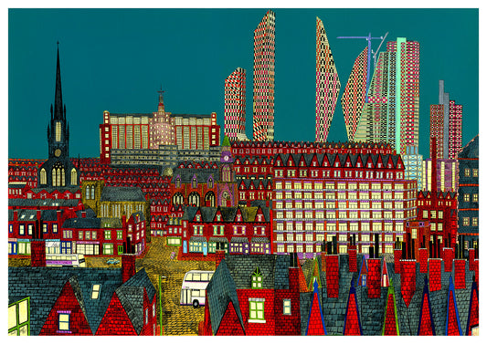 A Harehills eye view across the future Leeds envisaged in 2007.  Looming above Quarry Hill Flats is the monumental Quarry House. Towers of the future, that never were, blend with Bridgewater Place