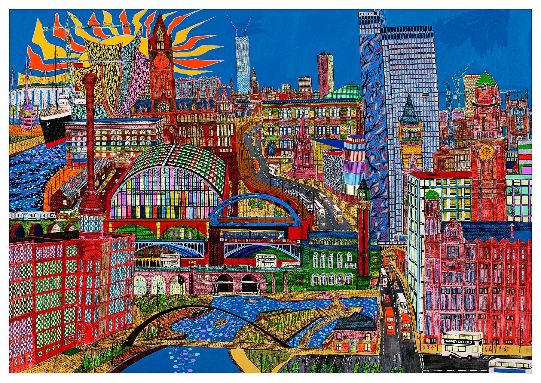 St Anne's Mill on the left foreground. Coronation Street and the Rovers Return behind the viaduct. Trams past and present lead from Castlefield and its array of viaducts into the city centre. The CIS tower was the tallest skyscraper in Europe in 1962. In the far distance the 48 storey Beetham Tower represents the new crop of towers looming over Manchester today. Why is the Titanic sat on the Manchester Ship Canal? Well, its interior fittings hail from Manchester.