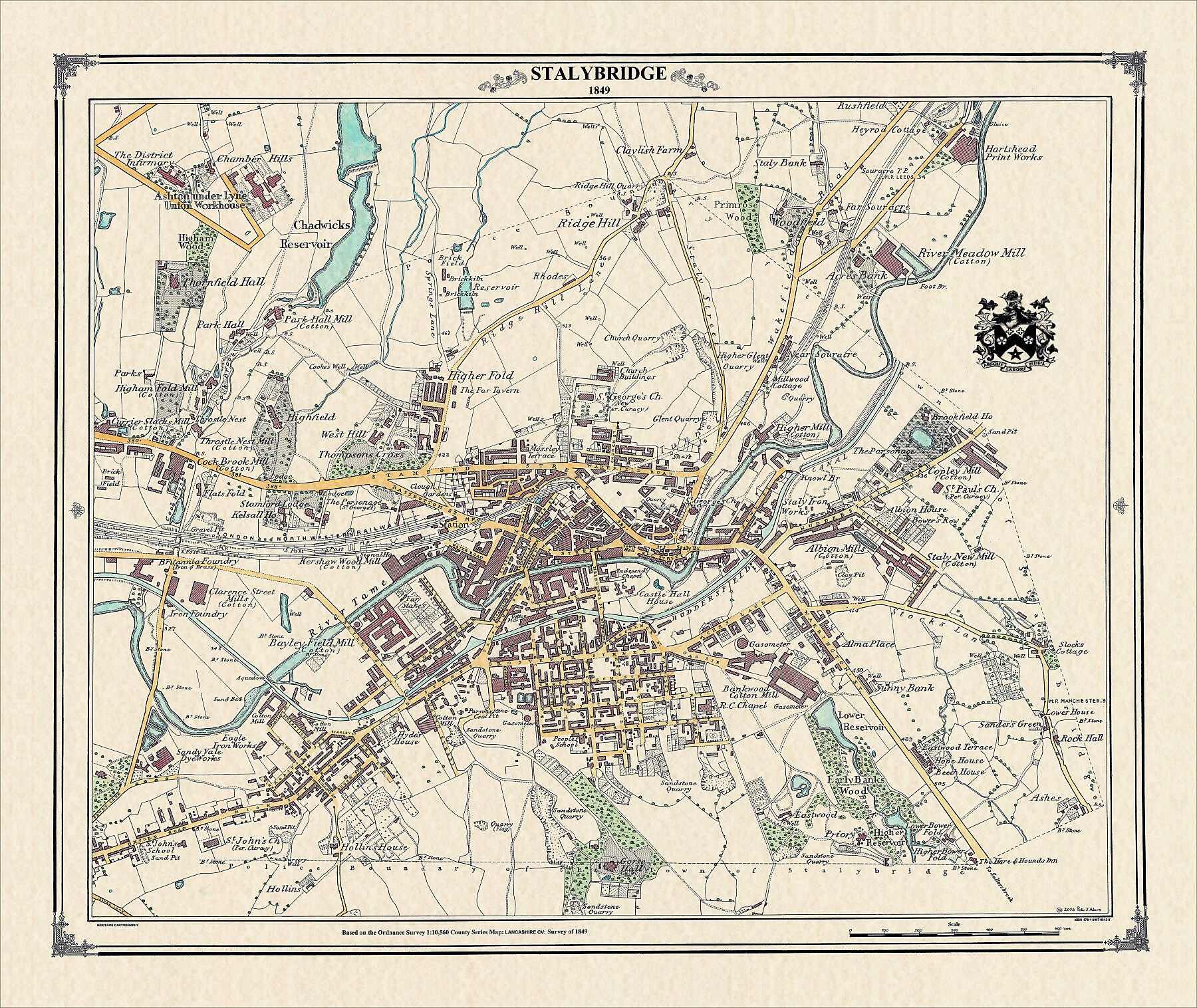 Coloured Victorian map of Stalybridge in 1849 by Peter J Adams of Heritage Cartography