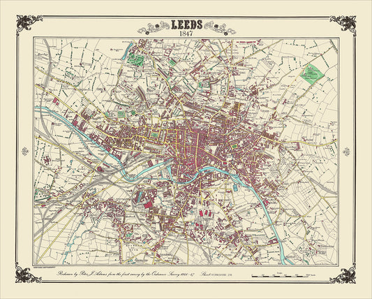 Coloured Victorian map of Leeds in 1847 by Peter J Adams of Heritage Cartography