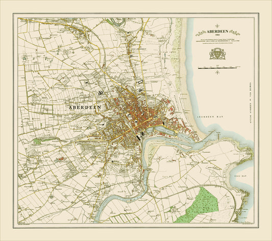 Coloured Victorian map of Aberdeen in 1866 by Peter J Adams of Heritage Cartography