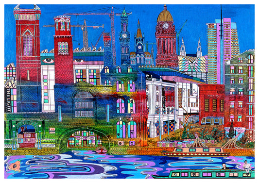 Running across the back is The Light, the newest shopping centre in Leeds at the time. Coming forward is the Calder Warehouse in Wakefield, dwarfed by the beautiful Victorian Italianate towers at Tower Works, Leeds.  Across the rear we have the town halls of Bradford and Leeds mixed in with the then proposed Bridgewater Place. Nelson Mandela Gardens sits in front of the stunning Egyptian Temple Mill