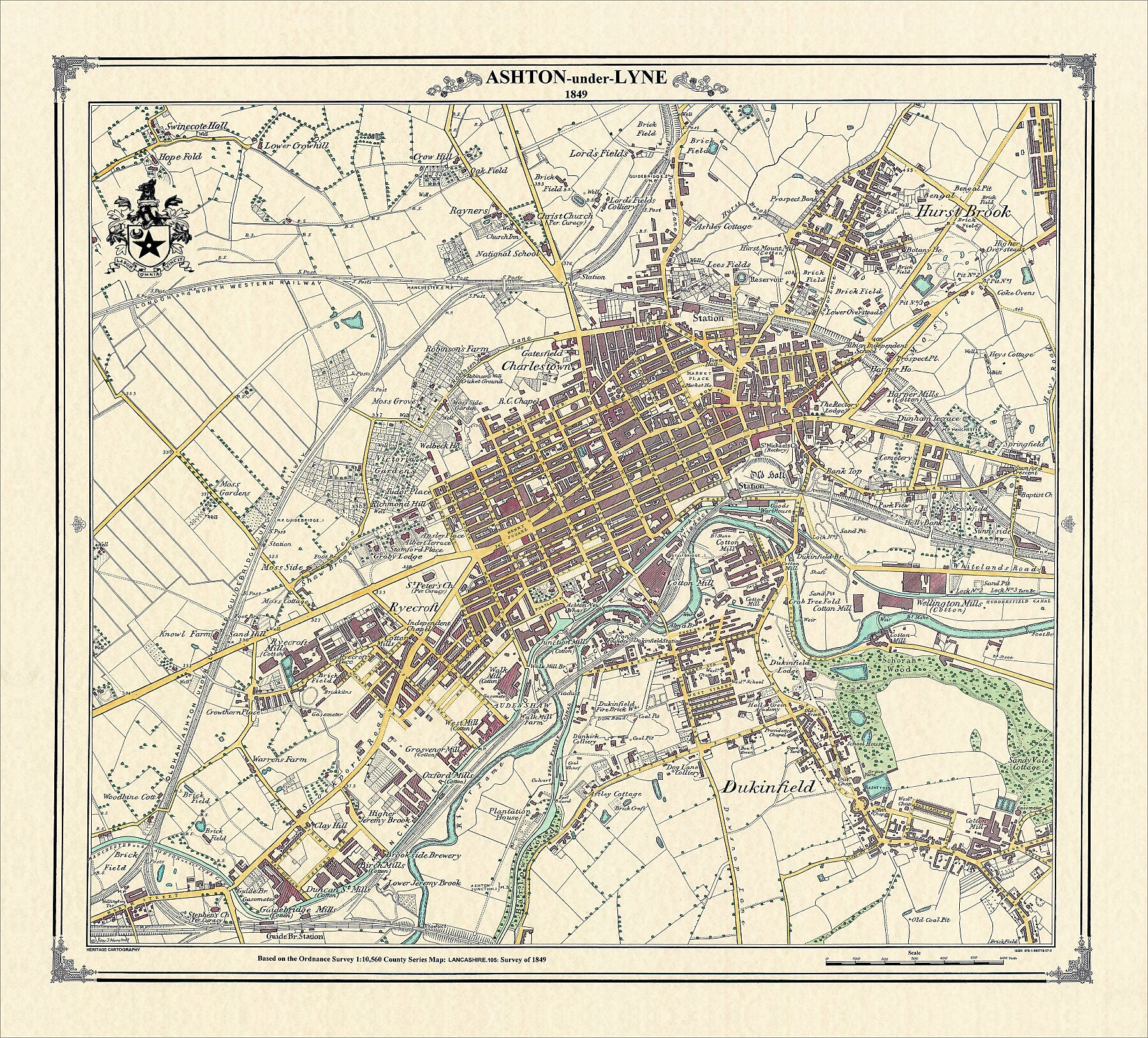 Coloured Victorian map of Ashton-under-Lyne in 1849 by Peter J Adams of Heritage Cartography