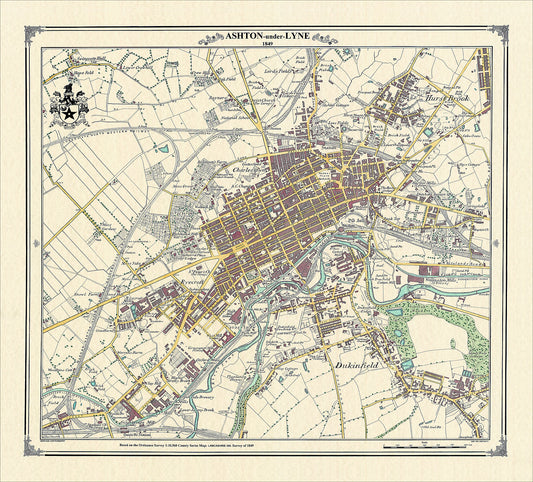 Coloured Victorian map of Ashton-under-Lyne in 1849 by Peter J Adams of Heritage Cartography