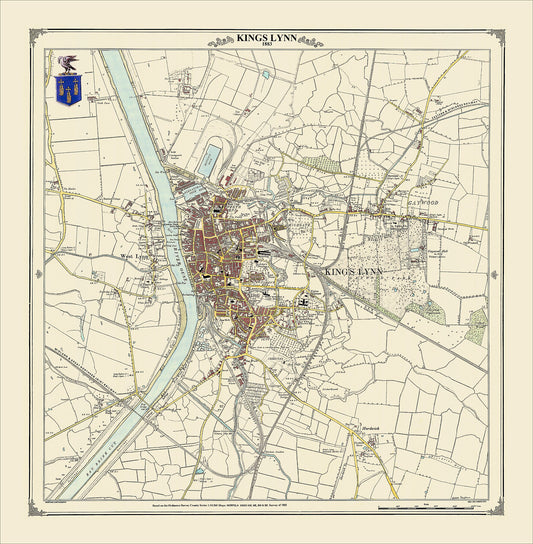Coloured Victorian map of King's Lynn in 1883 by Peter J Adams of Heritage Cartography