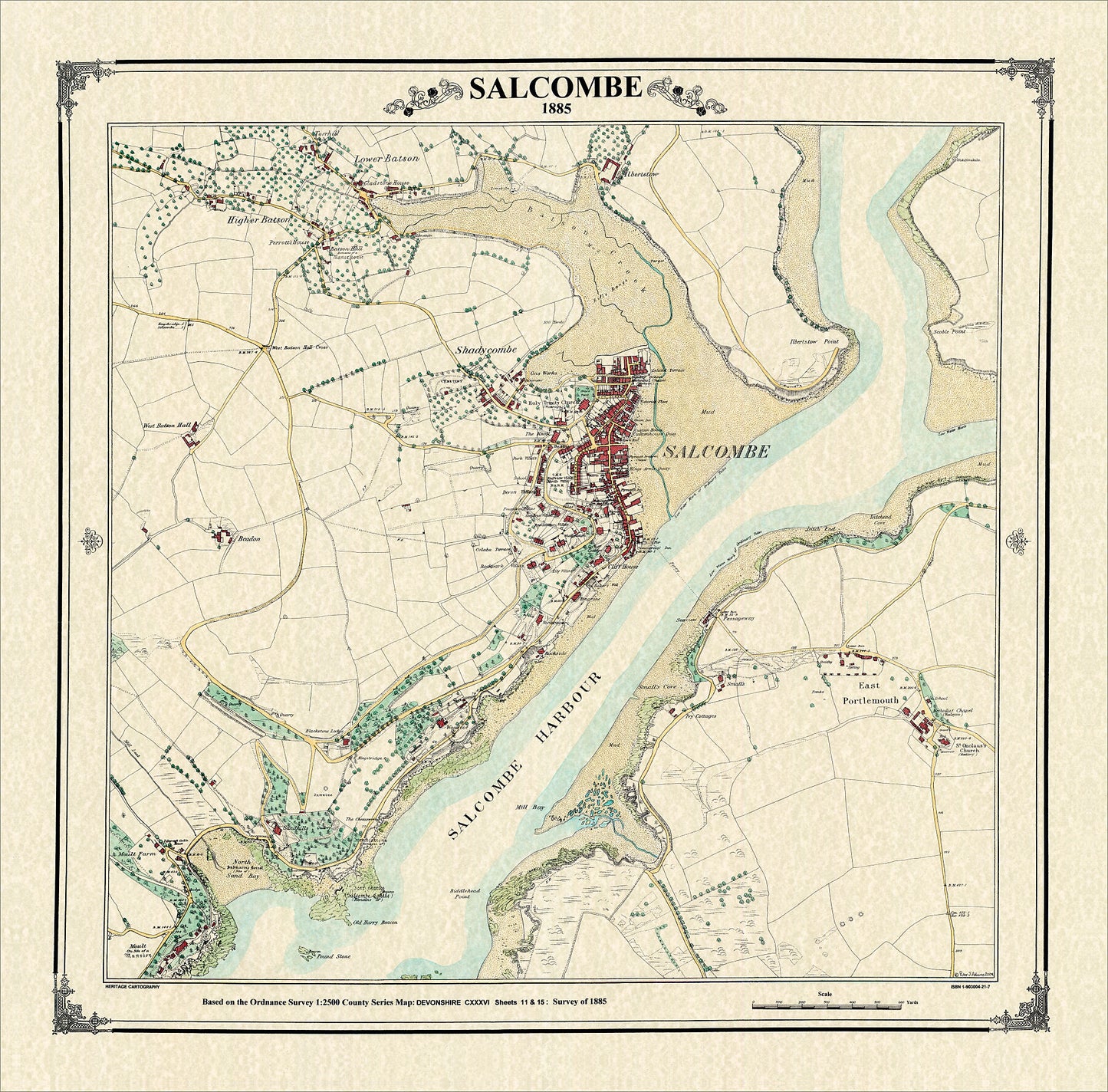 Coloured Victorian map of Salcombe in 1885 by Peter J Adams of Heritage Cartography