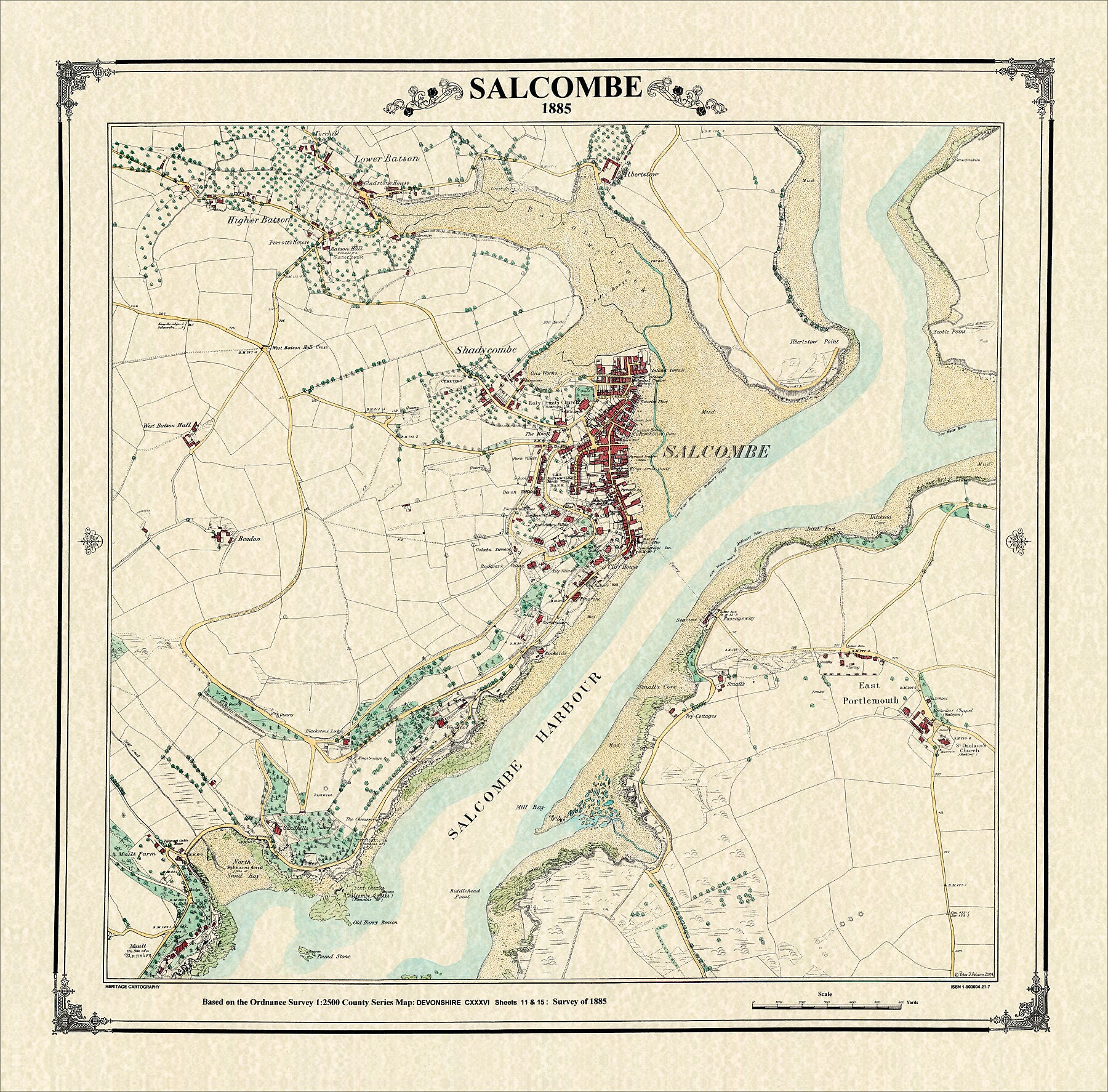 Coloured Victorian map of Salcombe in 1885 by Peter J Adams of Heritage Cartography