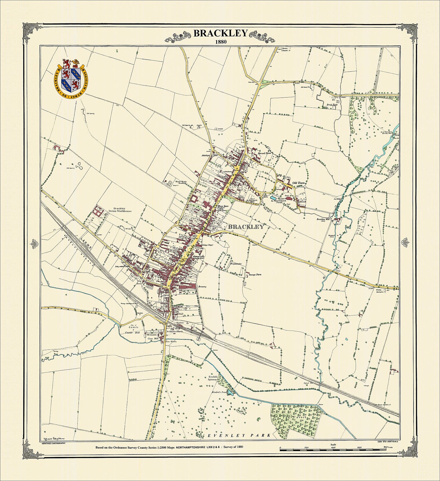 Coloured Victorian map of Brackley in 1880 by Peter J Adams of Heritage Cartography