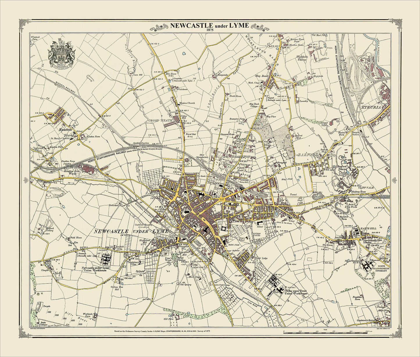 Coloured Victorian map of Newcastle-under-Lyme in 1875 by Peter J Adams of Heritage Cartography