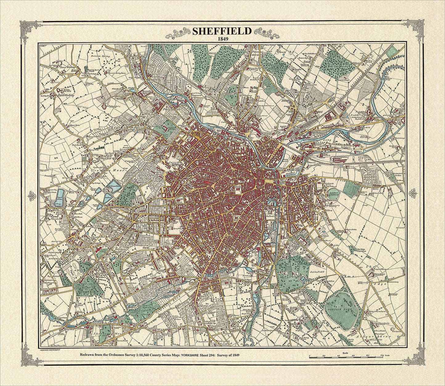 Coloured Victorian map of Sheffield in 1849 by Peter J Adams of Heritage Cartography