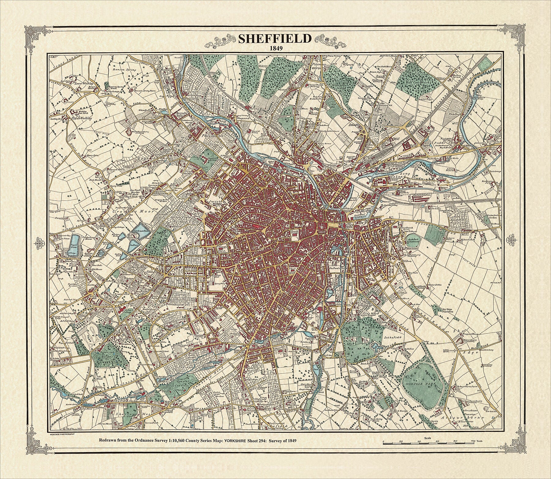 Coloured Victorian map of Sheffield in 1849 by Peter J Adams of Heritage Cartography