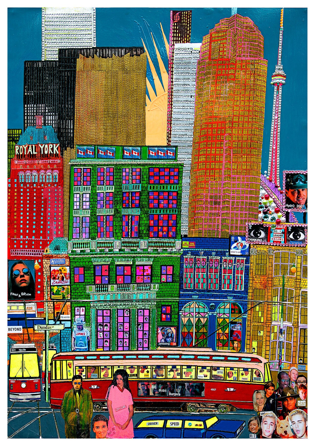 Toronto featuring streetcars and showing the contrast between the old Toronto streetscape and the towering skyscrapers including the CN Tower