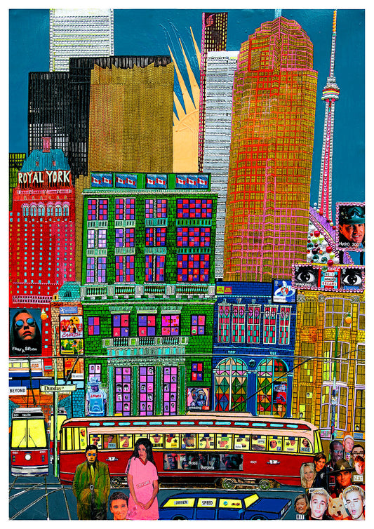 Toronto featuring streetcars and showing the contrast between the old Toronto streetscape and the towering skyscrapers including the CN Tower