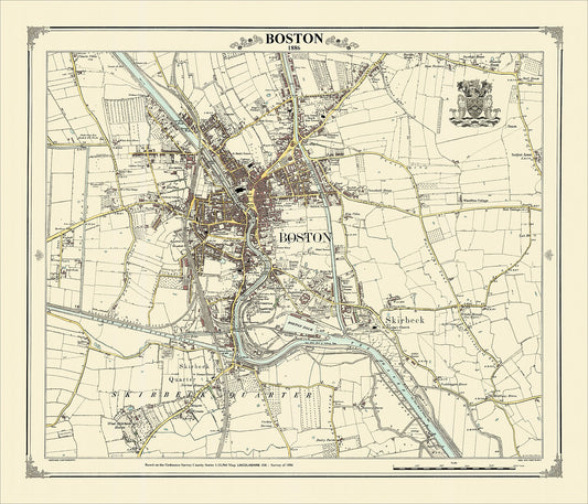 Coloured Victorian map of Boston in 1886 by Peter J Adams of Heritage Cartography
