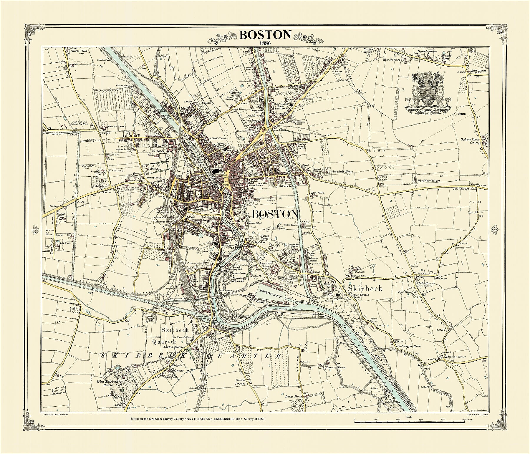 Coloured Victorian map of Boston in 1886 by Peter J Adams of Heritage Cartography