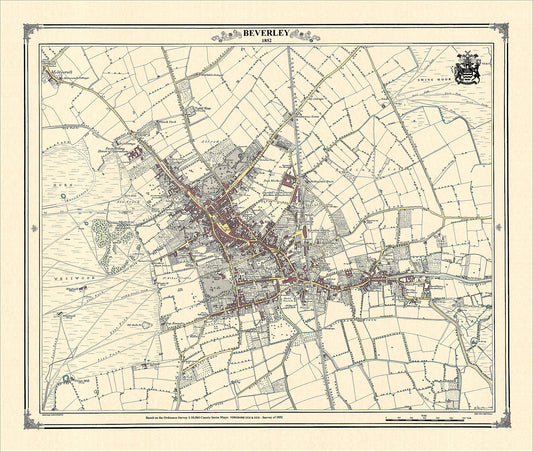 Coloured Victorian map of Beverley in 1852 by Peter J Adams of Heritage Cartography