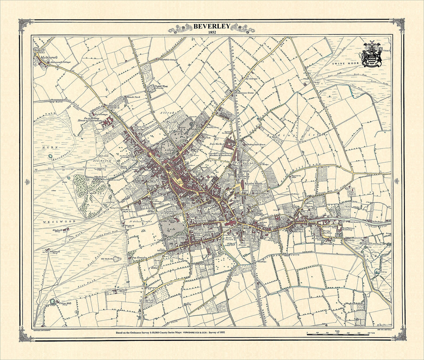 Coloured Victorian map of Beverley in 1852 by Peter J Adams of Heritage Cartography