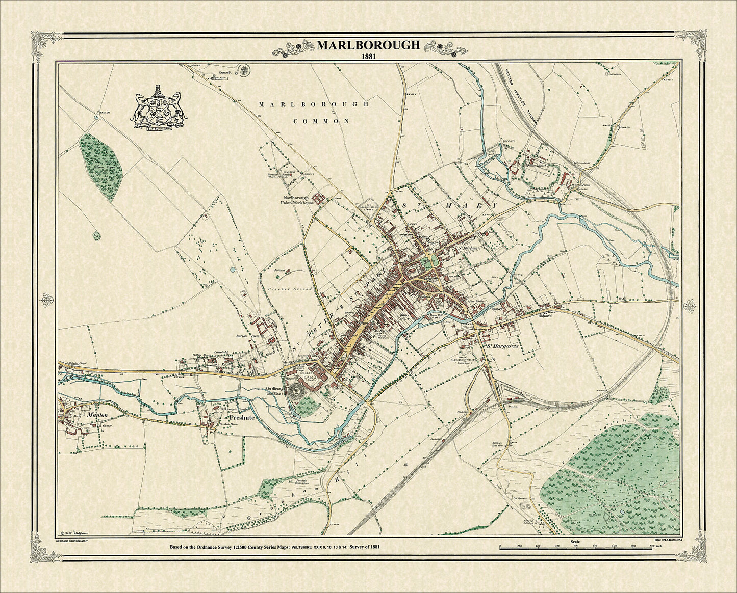 Coloured Victorian map of Marlborough in 1881 by Peter J Adams of Heritage Cartography