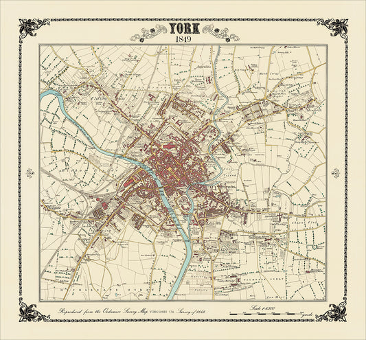 Coloured Victorian map of York in 1849 by Peter J Adams of Heritage Cartography