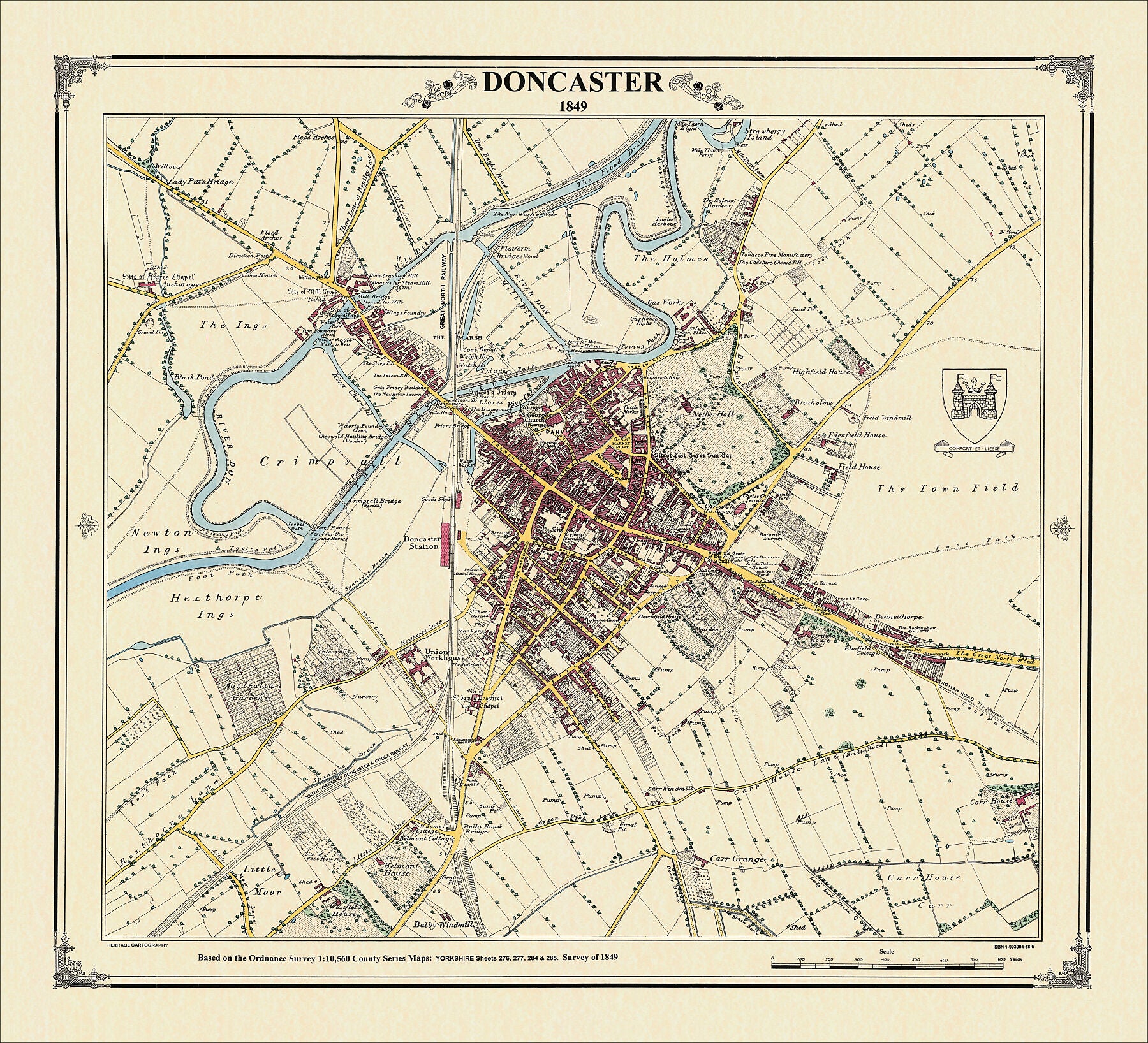 Coloured Victorian map of Doncaster in 1849 by Peter J Adams of Heritage Cartography