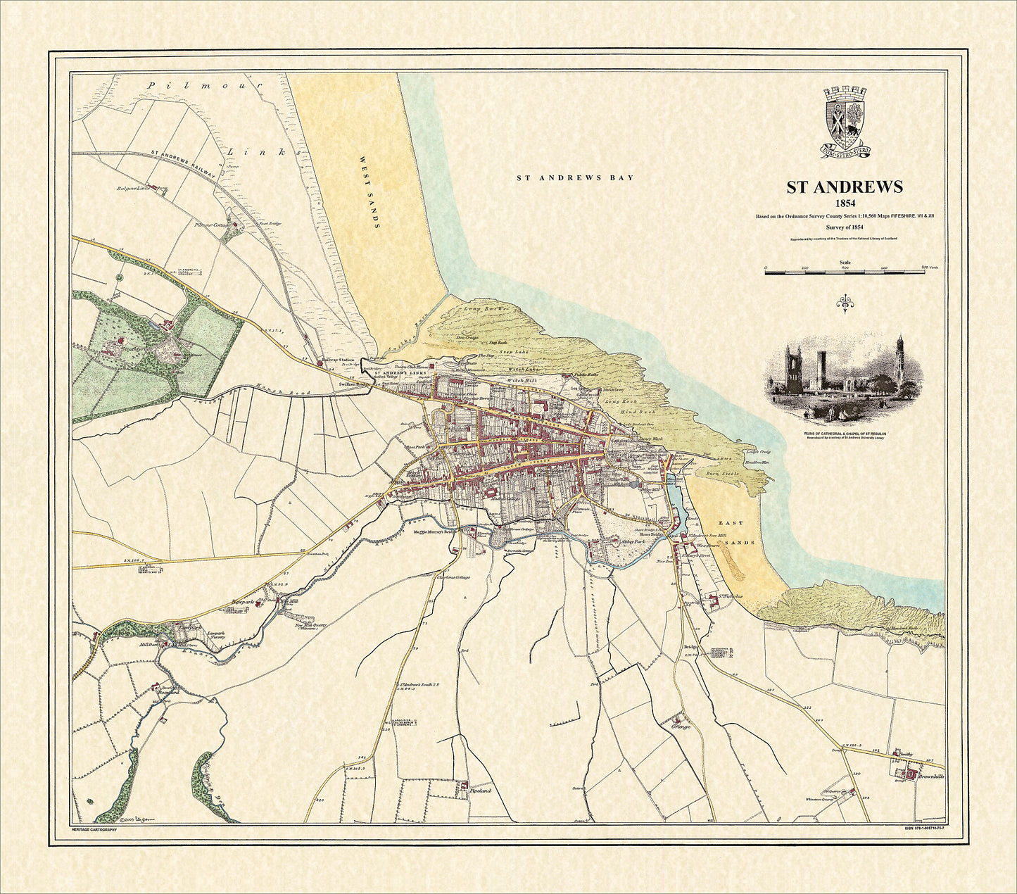Coloured Victorian map of St Andrews in 1854 by Peter J Adams of Heritage Cartography