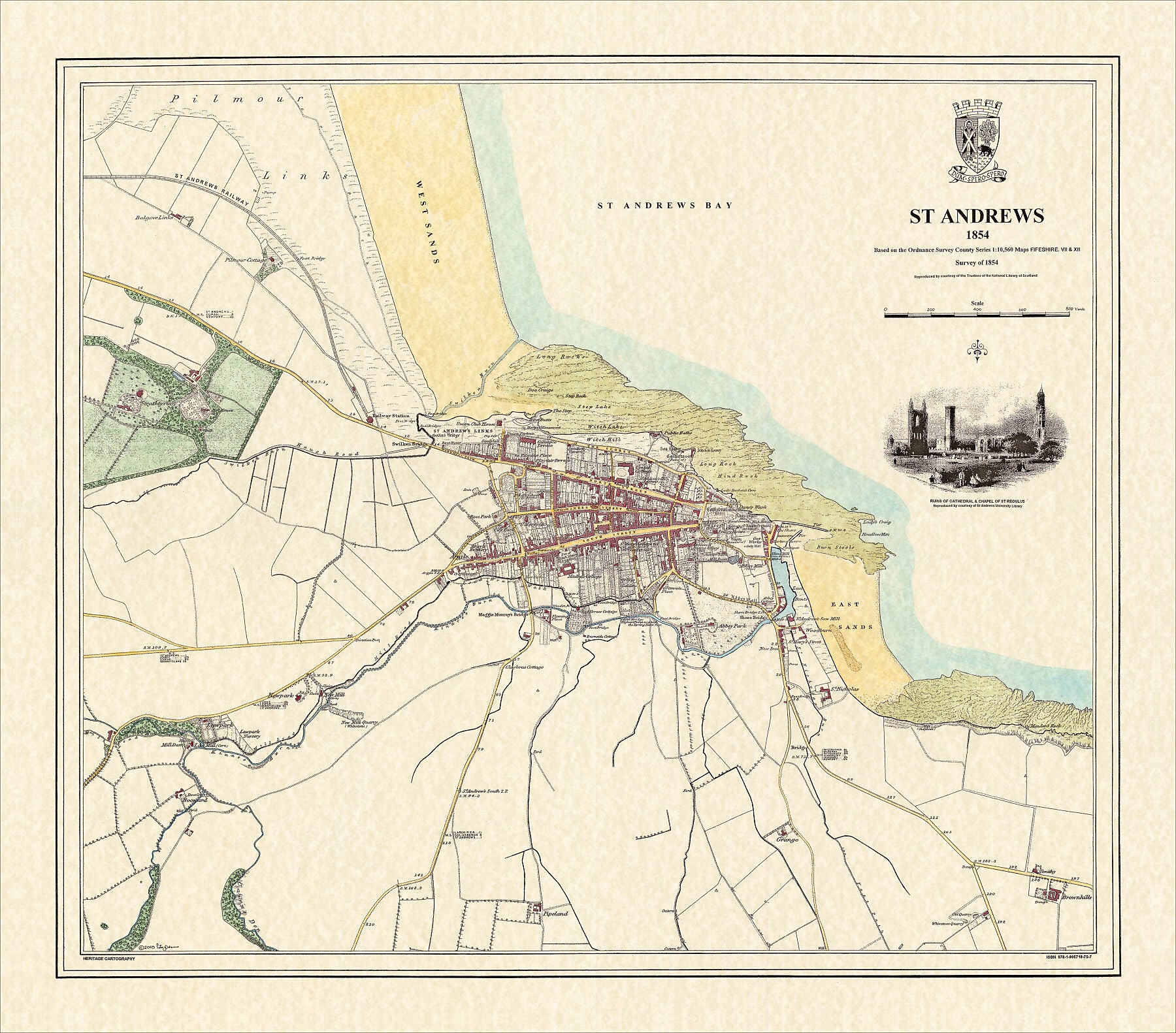 Coloured Victorian map of St Andrews in 1854 by Peter J Adams of Heritage Cartography