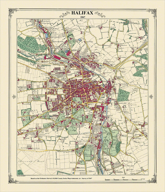 Coloured Victorian map of Halifax in 1847 by Peter J Adams of Heritage Cartography