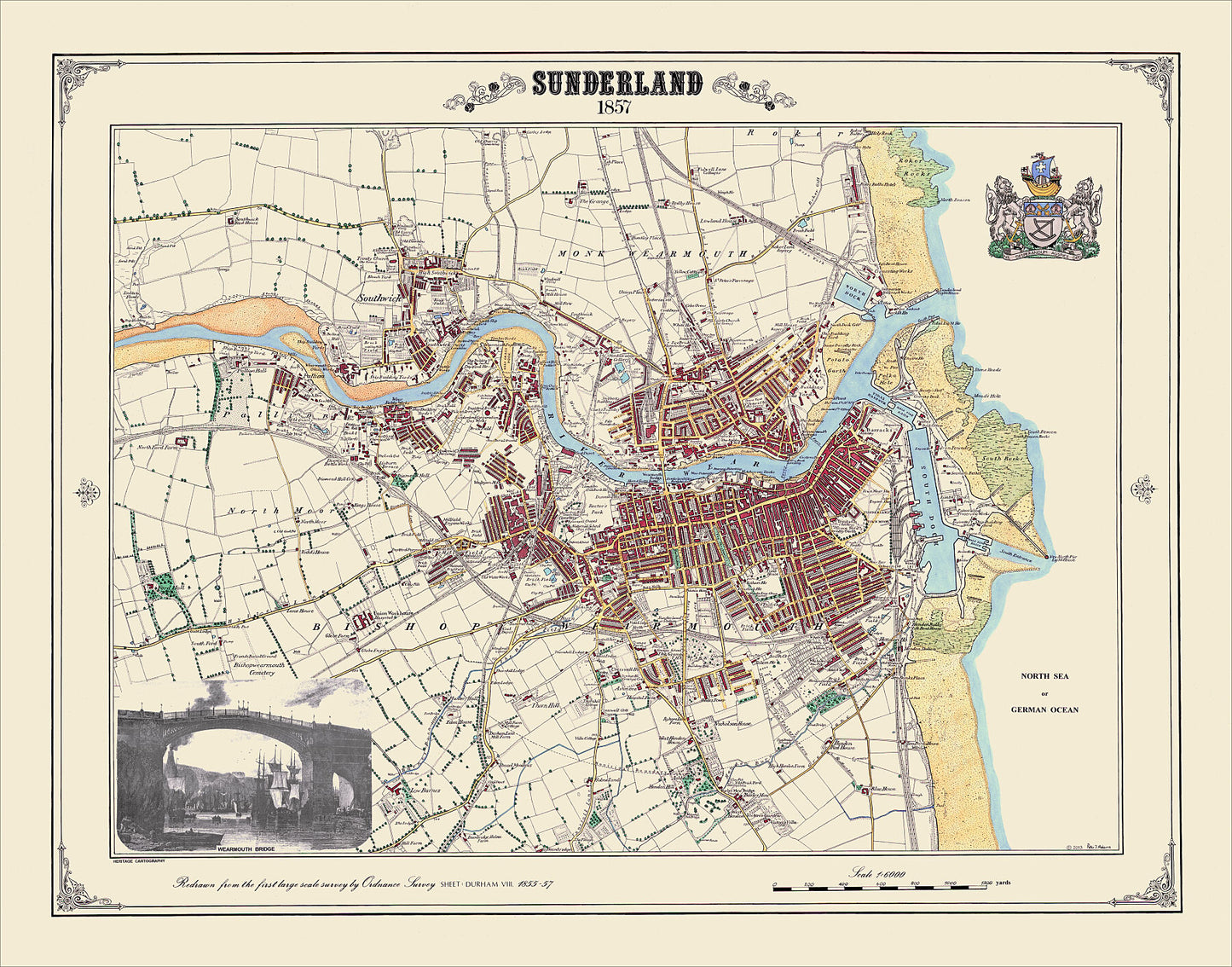 Coloured Victorian map of Sunderland in 1857 by Peter J Adams of Heritage Cartography