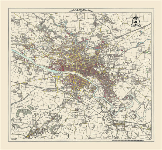 Coloured Victorian map of Glasgow in 1857 by Peter J Adams of Heritage Cartography