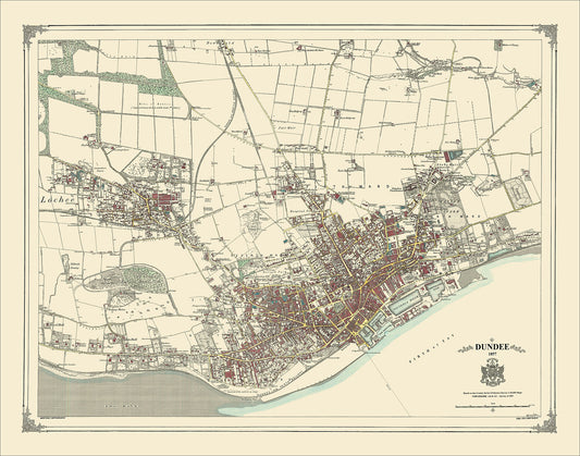 Coloured Victorian map of Dundee in 1857 by Peter J Adams of Heritage Cartography