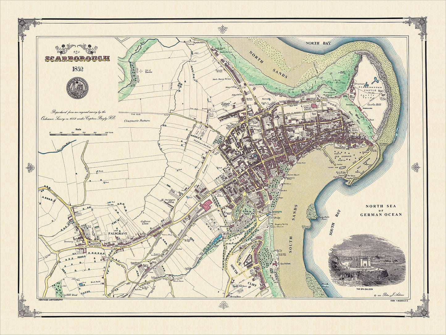 Coloured Victorian map of Scarborough in 1852 by Peter J Adams of Heritage Cartography