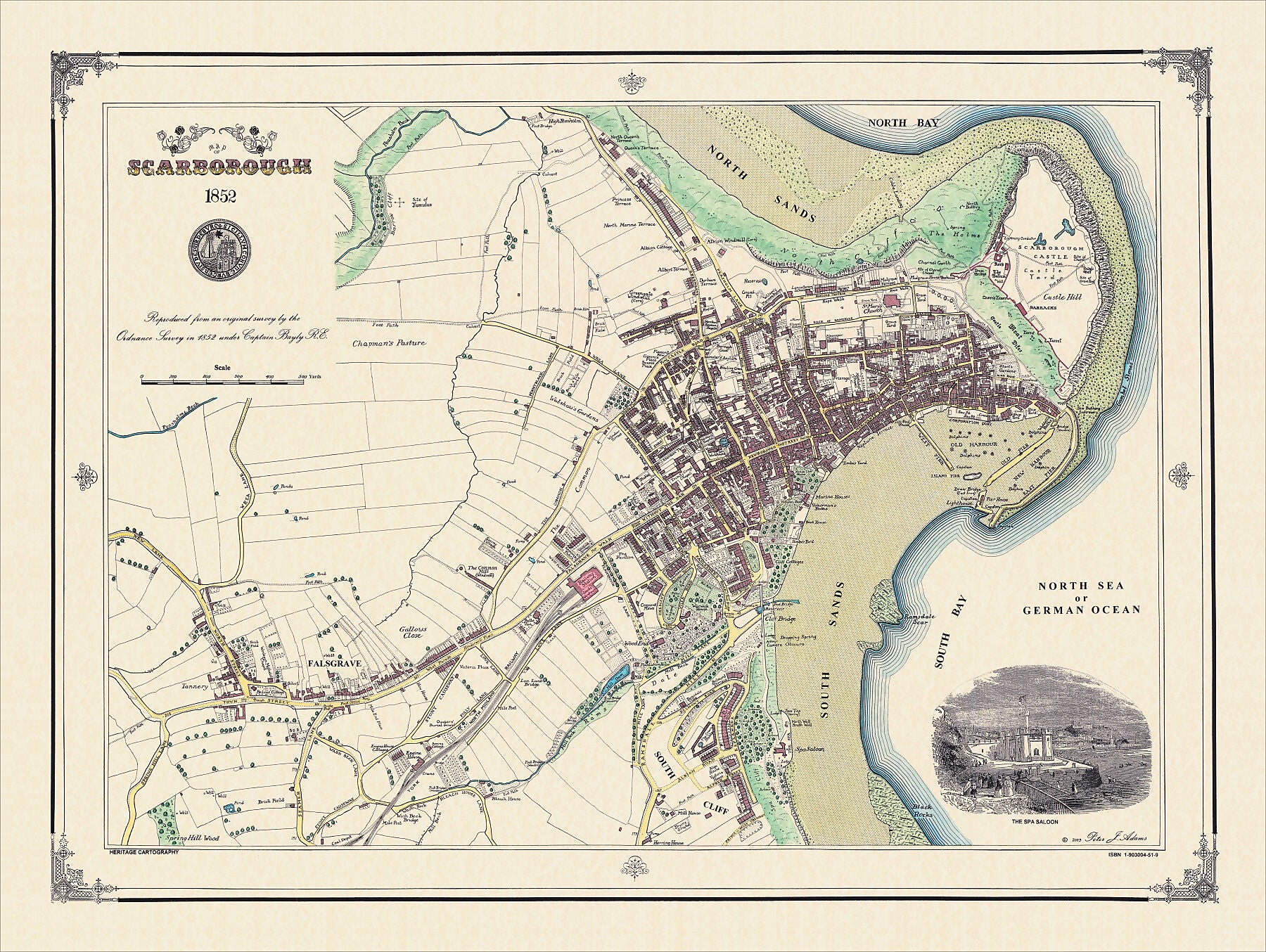 Coloured Victorian map of Scarborough in 1852 by Peter J Adams of Heritage Cartography
