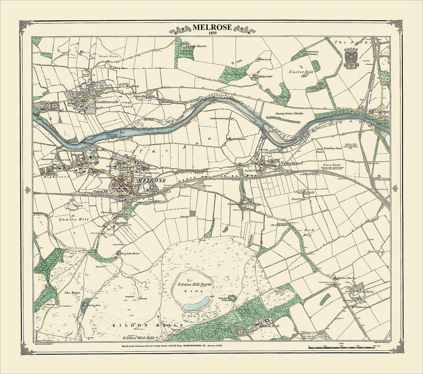 Coloured Victorian map of Melrose in 1859 by Peter J Adams of Heritage Cartography