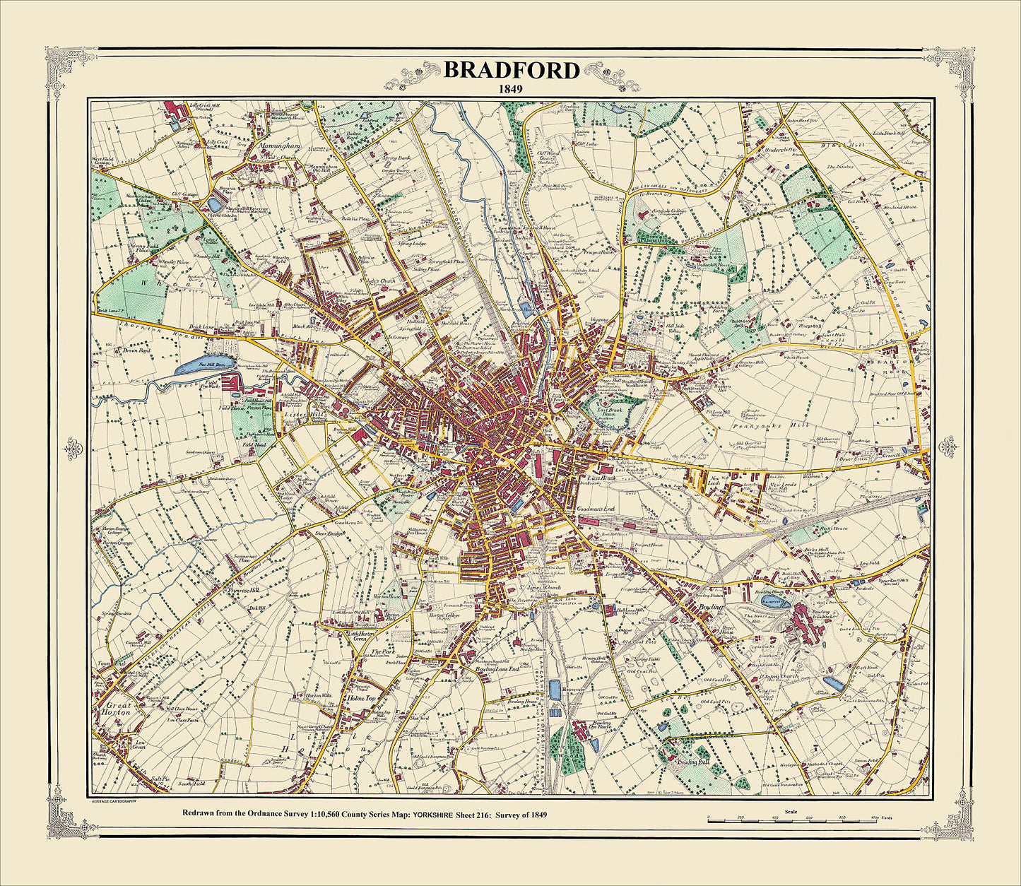 Coloured Victorian map of Bradford in 1849 by Peter J Adams of Heritage Cartography