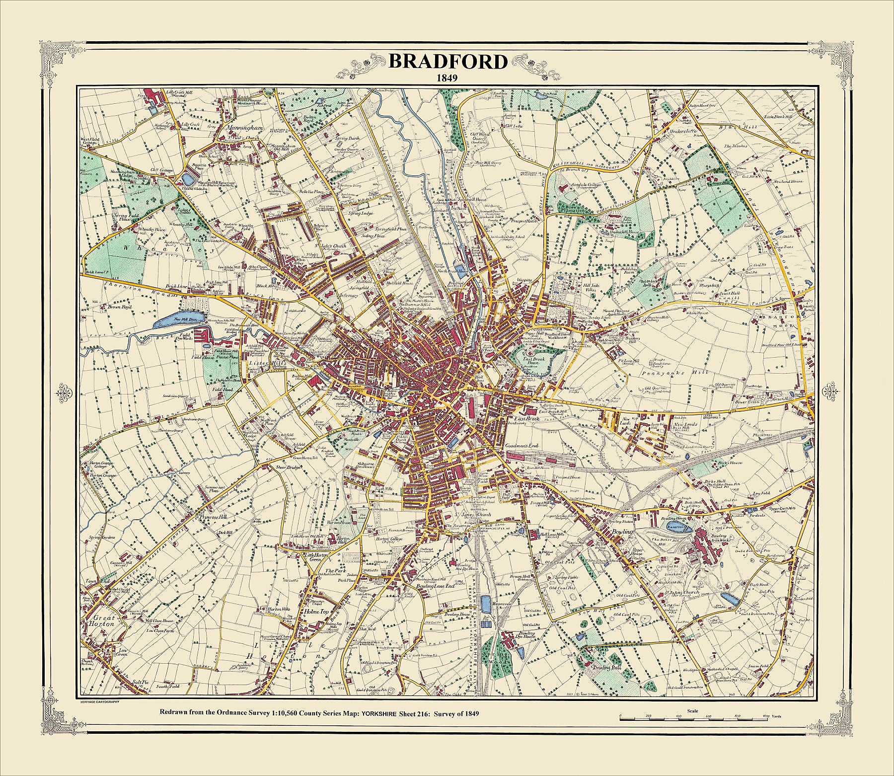 Coloured Victorian map of Bradford in 1849 by Peter J Adams of Heritage Cartography