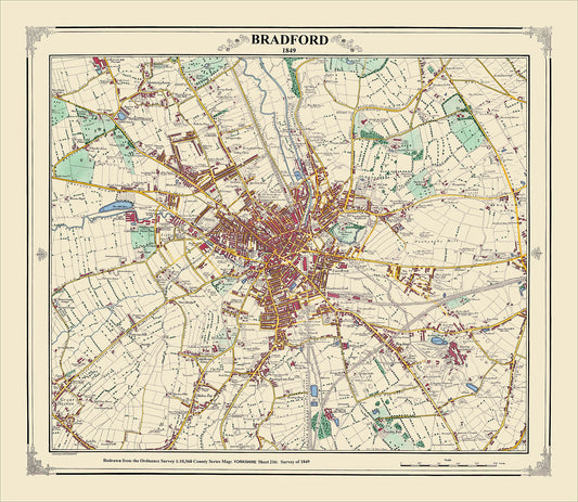Coloured Victorian map of Bradford in 1849 by Peter J Adams of Heritage Cartography