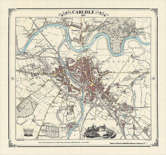 Coloured Victorian map of Carlisle in 1865 by Peter J Adams of Heritage Cartography