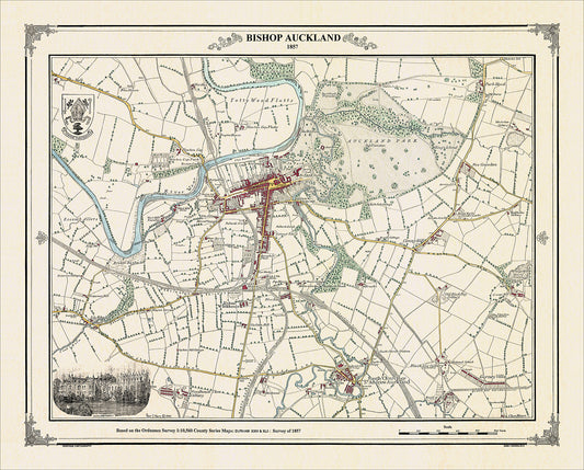 Coloured Victorian map of Bishop Auckland in 1857 by Peter J Adams of Heritage Cartography
