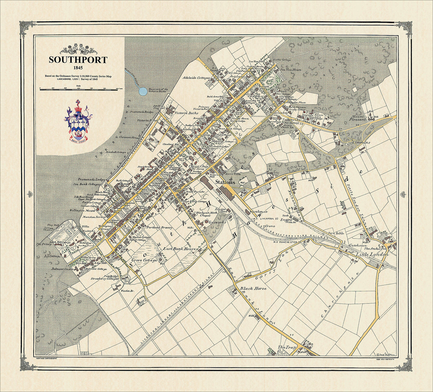 Coloured Victorian map of Southport in 1845 by Peter J Adams of Heritage Cartography