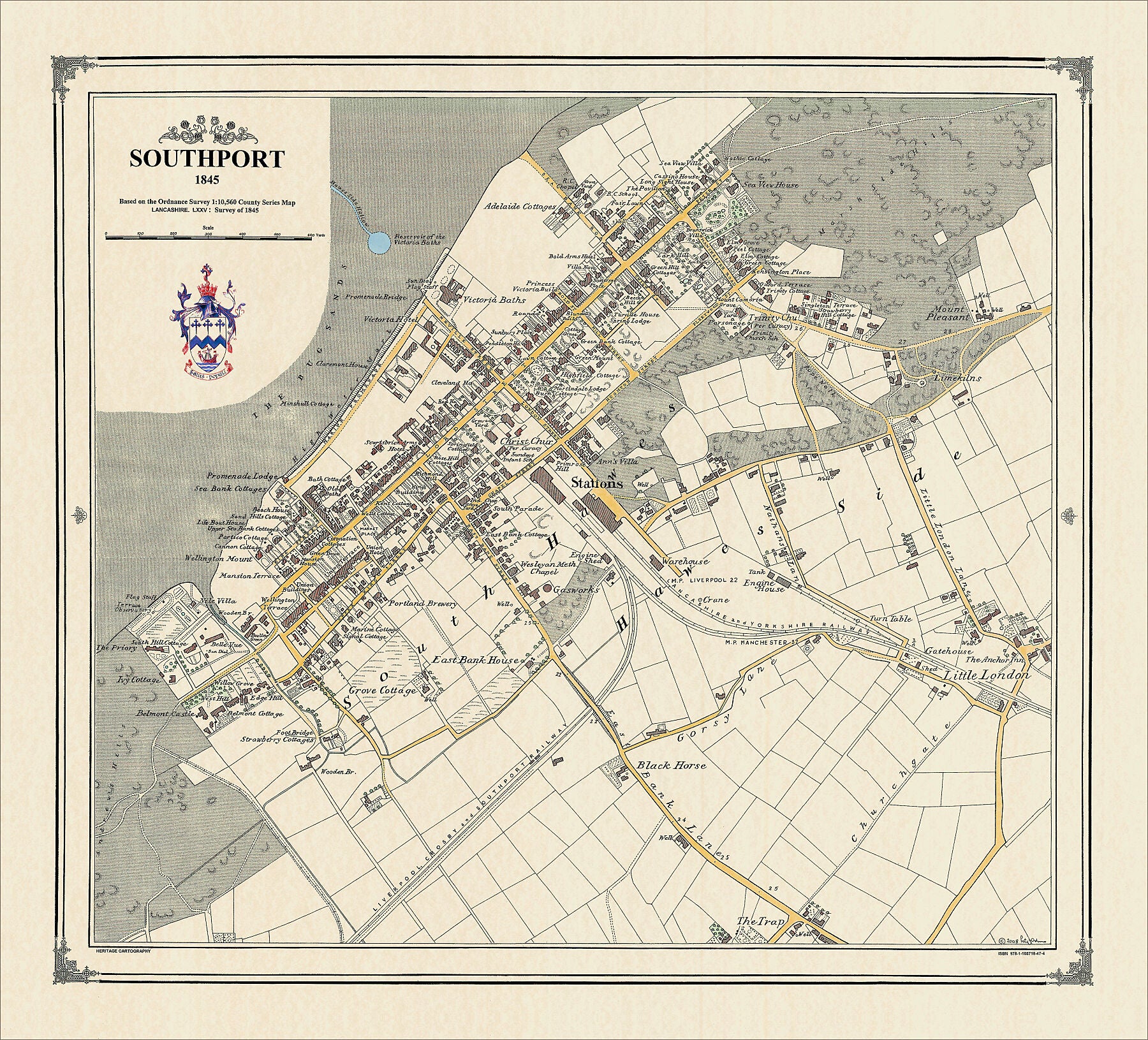 Coloured Victorian map of Southport in 1845 by Peter J Adams of Heritage Cartography