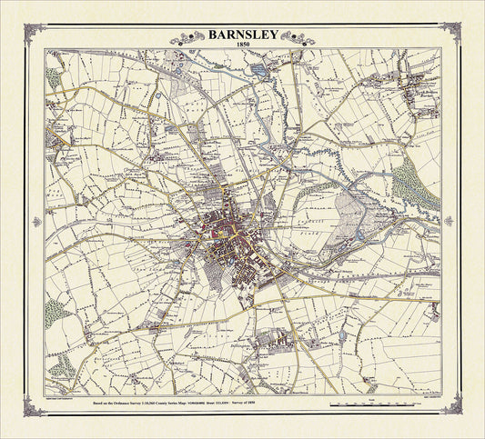 Coloured Victorian map of Barnsley in 1850 by Peter J Adams of Heritage Cartography