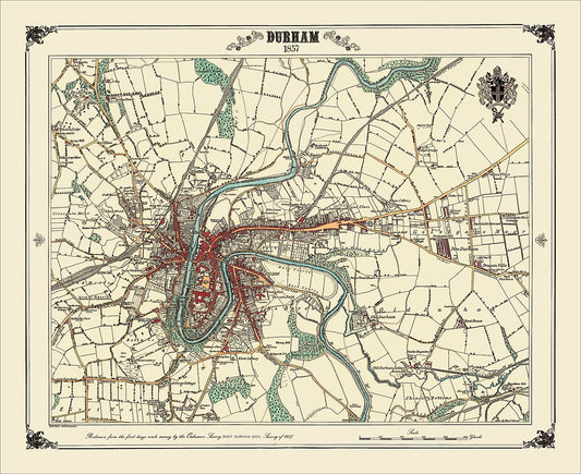Coloured Victorian map of Durham in 1857 by Peter J Adams of Heritage Cartography