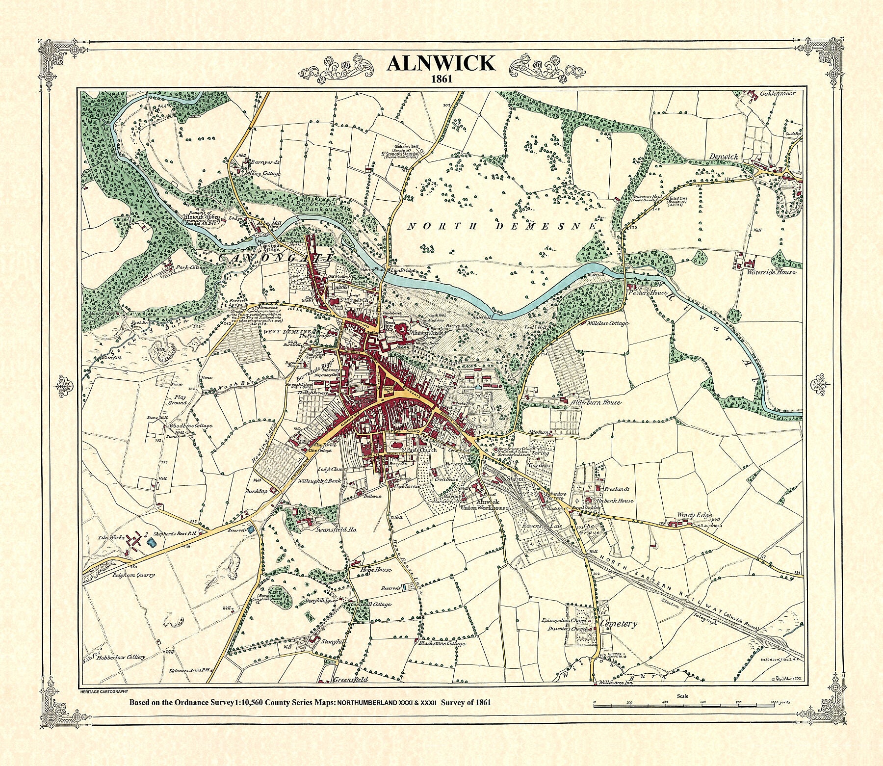 Coloured Victorian map of Alnwick in 1861 by Peter J Adams of Heritage Cartography