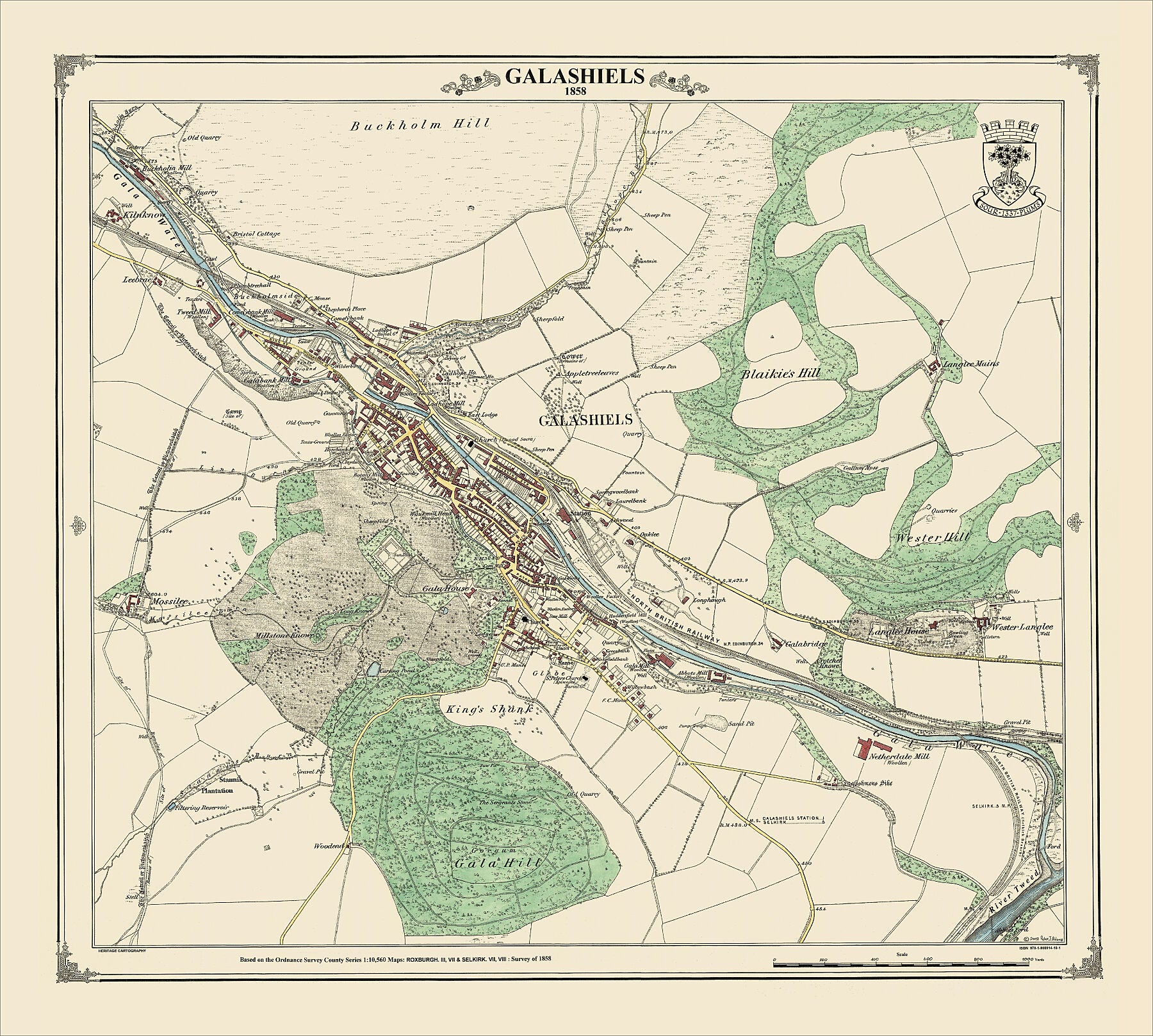 Coloured Victorian map of Galashiels in 1858 by Peter J Adams of Heritage Cartography