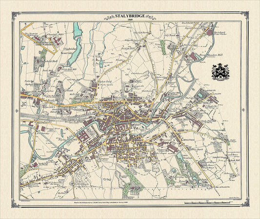 Coloured Victorian map of Stalybridge in 1849 by Peter J Adams of Heritage Cartography