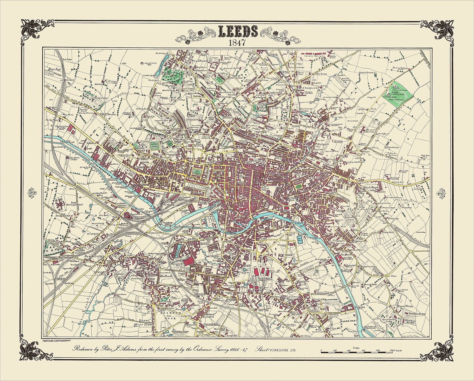 Coloured Victorian map of Leeds in 1847 by Peter J Adams of Heritage Cartography