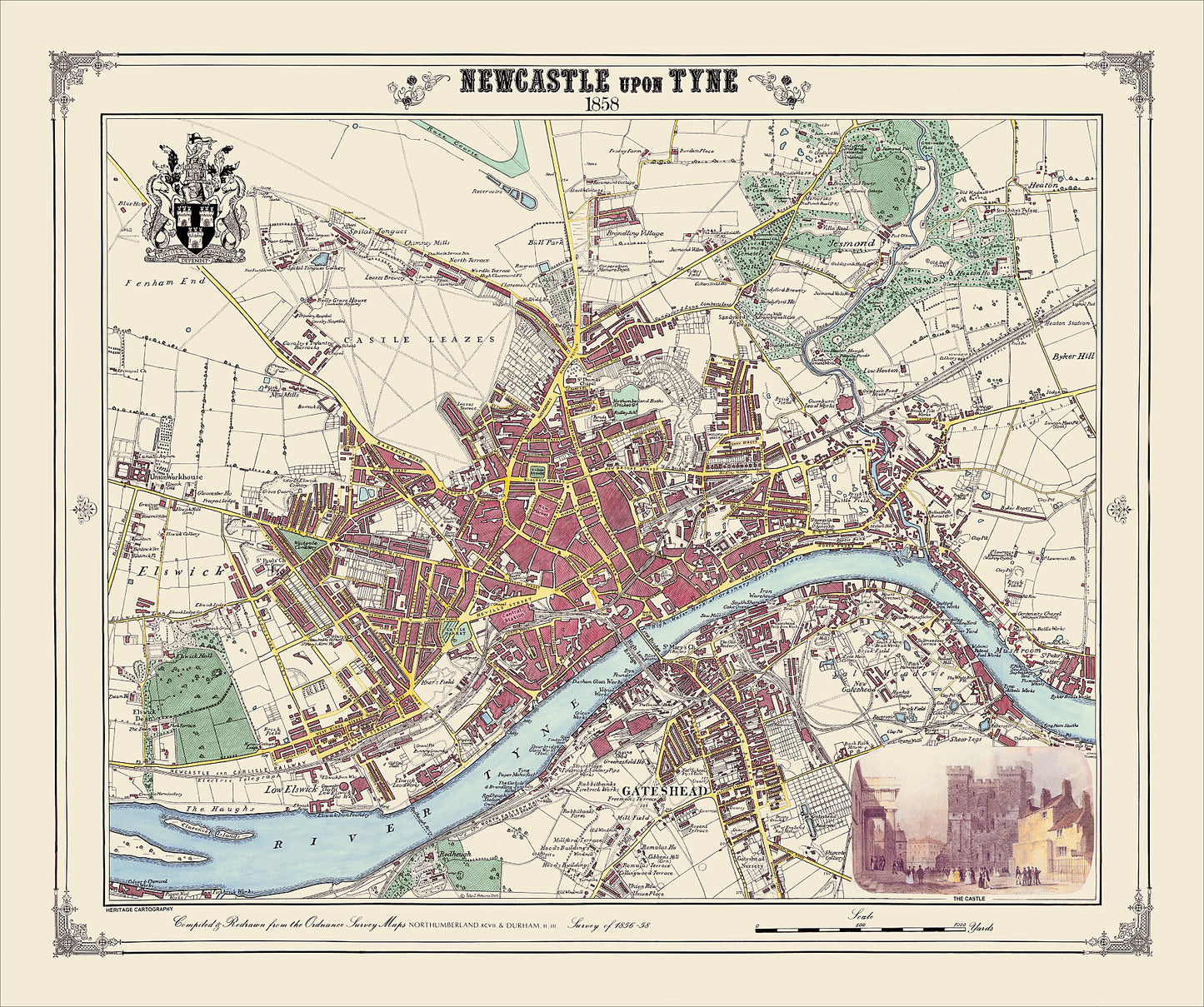 Coloured Victorian map of Newcastle upon Tyne in 1858 by Peter J Adams of Heritage Cartography