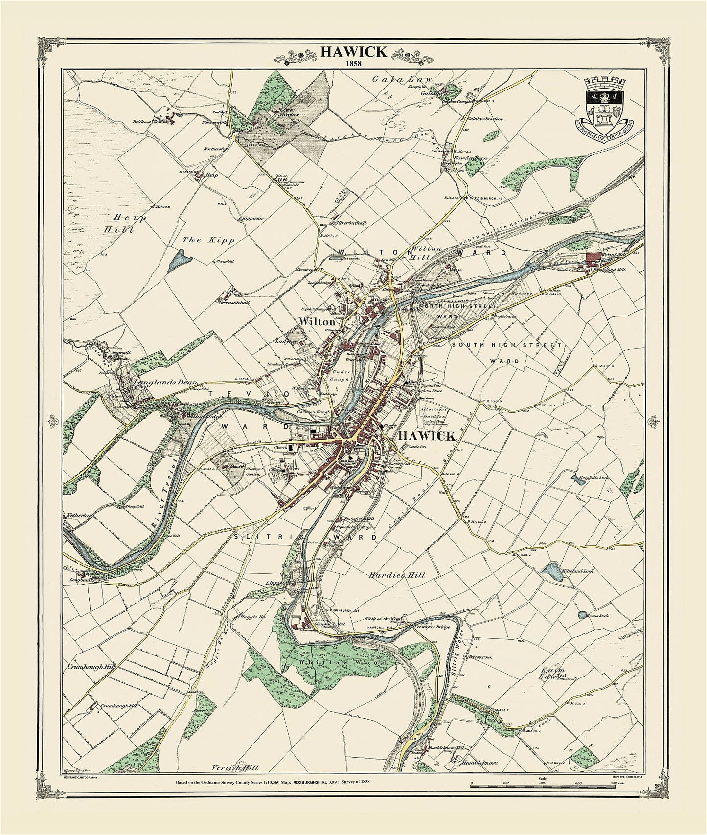 Coloured Victorian map of Hawick in 1858 by Peter J Adams of Heritage Cartography