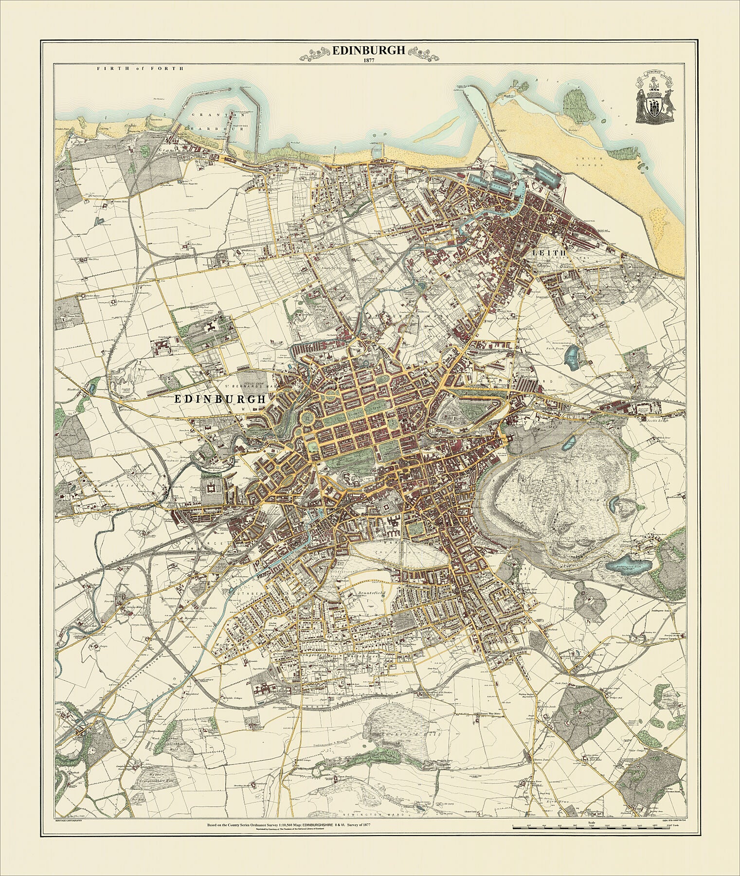 Coloured Victorian map of Edinburgh in 1877 by Peter J Adams of Heritage Cartography
